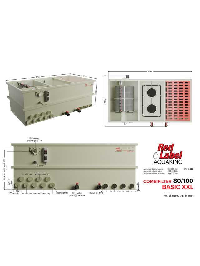 "Technical diagram of the Red Label Aquaking COMBIFILTER 80/100 BASIC XXL water filtration unit, showing top, side, and front views with labelled pipe connections and dimensions. Features include 9x Ø110 mm inlets, 6x Ø110 mm outlets, 2x Ø50 mm dirty water discharges, and Ø110 mm dirty water discharge. Unit measures 2760 mm length, 1435 mm width, and 1050–1232 mm height. Designed for maximum flow rate and pond volume of 100,000 litres Shirley Aquatics, Perfect Ponds, Koi Collection. Absolute Koi, Cotswold Koi, Warwickshire Koi, Dragons Gate Koi, Plenty of Koi, Rainbow Koi, Japan Koi Import, Cuttlebrook Koi Farm, Koi Water Garden Ltd, Japan Koi Import, Koi Wholesale, Quality Nishikigoi, BLACKBURN HOUSE KOI, Koi carp for sale, The Oaks Koi Farm, Queni Koi Limited, Koi Carp (UK) Ltd, Wakefield Koi Ltd, Kitsu Koi, Kings Lynn Koi, New Forest Koi, Koi Logic, Exclusively Koi Ltd, World of Koi, Koi carp for sale (Wednesbury), Koi and pond supplies, A19 Koi & Pond Supplies, The Koi Pool Water Gardens, SKS Wholesale Ltd."