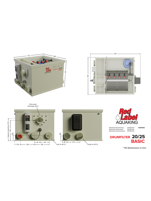 "Technical illustration of the Red Label Aquaking Drumfilter 20/25 Basic water filtration unit, showing perspective, top-down internal, front, and side views. Includes labeled dimensions and connection points such as inlet and outlet ports (Ø110 mm), overall dimensions (929 mm x 722 mm x 635 mm), and installation specifications for aquaculture or pond systems. Shirley Aquatics, Perfect Ponds, Koi Collection. Absolute Koi, Cotswold Koi, Warwickshire Koi, Dragons Gate Koi, Plenty of Koi, Rainbow Koi, Japan Koi Import, Cuttlebrook Koi Farm, Koi Water Garden Ltd, Japan Koi Import, Koi Wholesale, Quality Nishikigoi, BLACKBURN HOUSE KOI, Koi carp for sale, The Oaks Koi Farm, Queni Koi Limited, Koi Carp (UK) Ltd, Wakefield Koi Ltd, Kitsu Koi, Kings Lynn Koi, New Forest Koi, Koi Logic, Exclusively Koi Ltd, World of Koi, Koi carp for sale (Wednesbury), Koi and pond supplies, A19 Koi & Pond Supplies, The Koi Pool Water Gardens, SKS Wholesale Ltd"