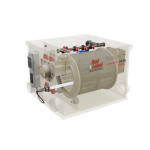 Red Label Essential Drum 20/25 gravity-fed and pump-fed pond filtration system, featuring a stainless steel 120-micron drum filter, integrated flushing pump and controller, 40-watt UVC clarifier, and double brush cleaning system, designed for small to medium koi and ornamental ponds.