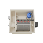Red Label Essential Drum 20/25 gravity-fed and pump-fed pond filtration system, featuring a stainless steel 120-micron drum filter, integrated flushing pump and controller, 40-watt UVC clarifier, and double brush cleaning system, designed for small to medium koi and ornamental ponds.