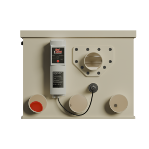 Red Label Essential Drum 20/25 gravity-fed and pump-fed pond filtration system, featuring a stainless steel 120-micron drum filter, integrated flushing pump and controller, 40-watt UVC clarifier, and double brush cleaning system, designed for small to medium koi and ornamental ponds.