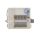 Red Label Essential Drum 20/25 gravity-fed and pump-fed pond filtration system, featuring a stainless steel 120-micron drum filter, integrated flushing pump and controller, 40-watt UVC clarifier, and double brush cleaning system, designed for small to medium koi and ornamental ponds.