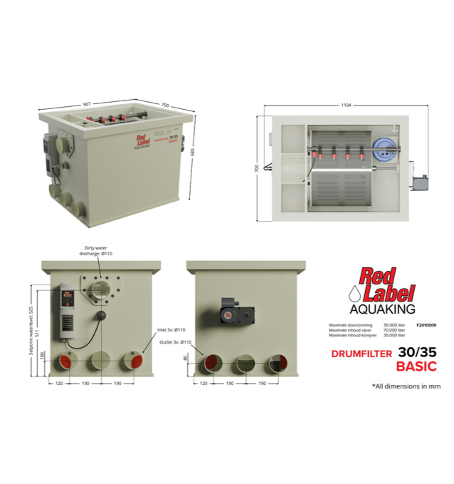 Technical diagram of the Red Label Aquaking DRUMFILTER 30/35 BASIC unit, showing multiple views including a perspective view, top-down internal layout, and two side profiles. The image includes labeled components and dimensions in millimeters: width 907 mm, depth 700 mm, height 800 mm, with inlet and outlet pipes (3x Ø110 mm), dirty water discharge (Ø110 mm), and a socket for water level sensor (Ø32 mm). Text annotations note maximum flow rates and pond capacity Shirley Aquatics, Perfect Ponds, Koi Collection. Absolute Koi, Cotswold Koi, Warwickshire Koi, Dragons Gate Koi, Plenty of Koi, Rainbow Koi, Japan Koi Import, Cuttlebrook Koi Farm, Koi Water Garden Ltd, Japan Koi Import, Koi Wholesale, Quality Nishikigoi, BLACKBURN HOUSE KOI, Koi carp for sale, The Oaks Koi Farm, Queni Koi Limited, Koi Carp (UK) Ltd, Wakefield Koi Ltd, Kitsu Koi, Kings Lynn Koi, New Forest Koi, Koi Logic, Exclusively Koi Ltd, World of Koi, Koi carp for sale (Wednesbury), Koi and pond supplies, A19 Koi & Pond Supplies, The Koi Pool Water Gardens, SKS Wholesale Ltd