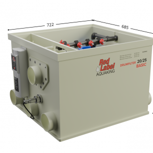 Red Label Aquaking DRUMFILTER 20/25 BASIC unit, showing multiple views including a perspective view, top-down internal layout, and two side profiles. The image includes labeled components and dimensions in millimeters: width 907 mm, depth 700 mm, height 800 mm, with inlet and outlet pipes (3x Ø110 mm), dirty water discharge (Ø110 mm), and a socket for water level sensor (Ø32 mm). Text annotations note maximum flow rates and pond capacity Shirley Aquatics, Perfect Ponds, Koi Collection. Absolute Koi, Cotswold Koi, Warwickshire Koi, Dragons Gate Koi, Plenty of Koi, Rainbow Koi, Japan Koi Import, Cuttlebrook Koi Farm, Koi Water Garden Ltd, Japan Koi Import, Koi Wholesale, Quality Nishikigoi, BLACKBURN HOUSE KOI, Koi carp for sale, The Oaks Koi Farm, Queni Koi Limited, Koi Carp (UK) Ltd, Wakefield Koi Ltd, Kitsu Koi, Kings Lynn Koi, New Forest Koi, Koi Logic, Exclusively Koi Ltd, World of Koi, Koi carp for sale (Wednesbury), Koi and pond supplies, A19 Koi & Pond Supplies, The Koi Pool Water Gardens, SKS Wholesale Ltd