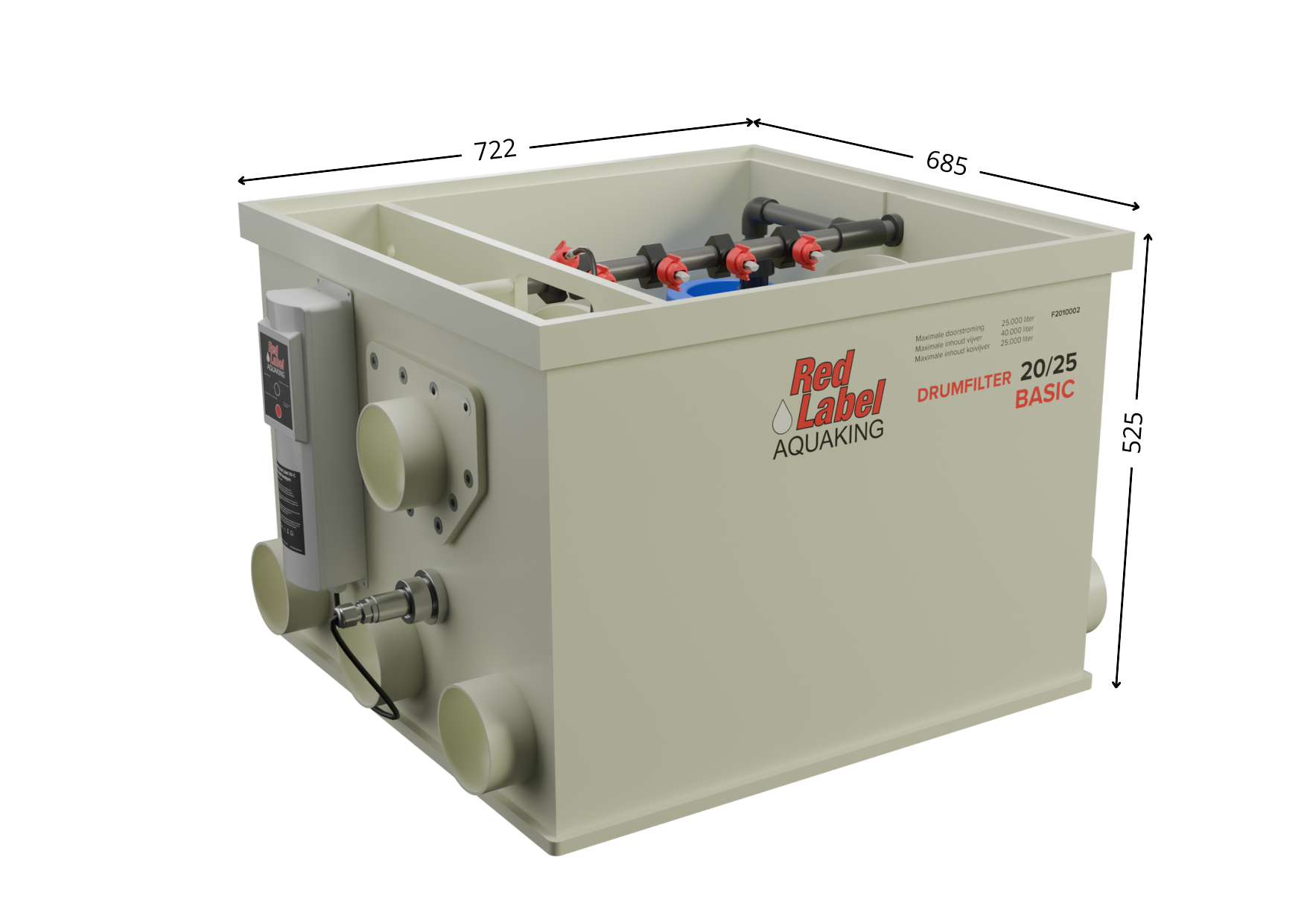 Red Label Aquaking DRUMFILTER 20/25 BASIC unit, showing multiple views including a perspective view, top-down internal layout, and two side profiles. The image includes labeled components and dimensions in millimeters: width 907 mm, depth 700 mm, height 800 mm, with inlet and outlet pipes (3x Ø110 mm), dirty water discharge (Ø110 mm), and a socket for water level sensor (Ø32 mm). Text annotations note maximum flow rates and pond capacity Shirley Aquatics, Perfect Ponds, Koi Collection. Absolute Koi, Cotswold Koi, Warwickshire Koi, Dragons Gate Koi, Plenty of Koi, Rainbow Koi, Japan Koi Import, Cuttlebrook Koi Farm, Koi Water Garden Ltd, Japan Koi Import, Koi Wholesale, Quality Nishikigoi, BLACKBURN HOUSE KOI, Koi carp for sale, The Oaks Koi Farm, Queni Koi Limited, Koi Carp (UK) Ltd, Wakefield Koi Ltd, Kitsu Koi, Kings Lynn Koi, New Forest Koi, Koi Logic, Exclusively Koi Ltd, World of Koi, Koi carp for sale (Wednesbury), Koi and pond supplies, A19 Koi & Pond Supplies, The Koi Pool Water Gardens, SKS Wholesale Ltd